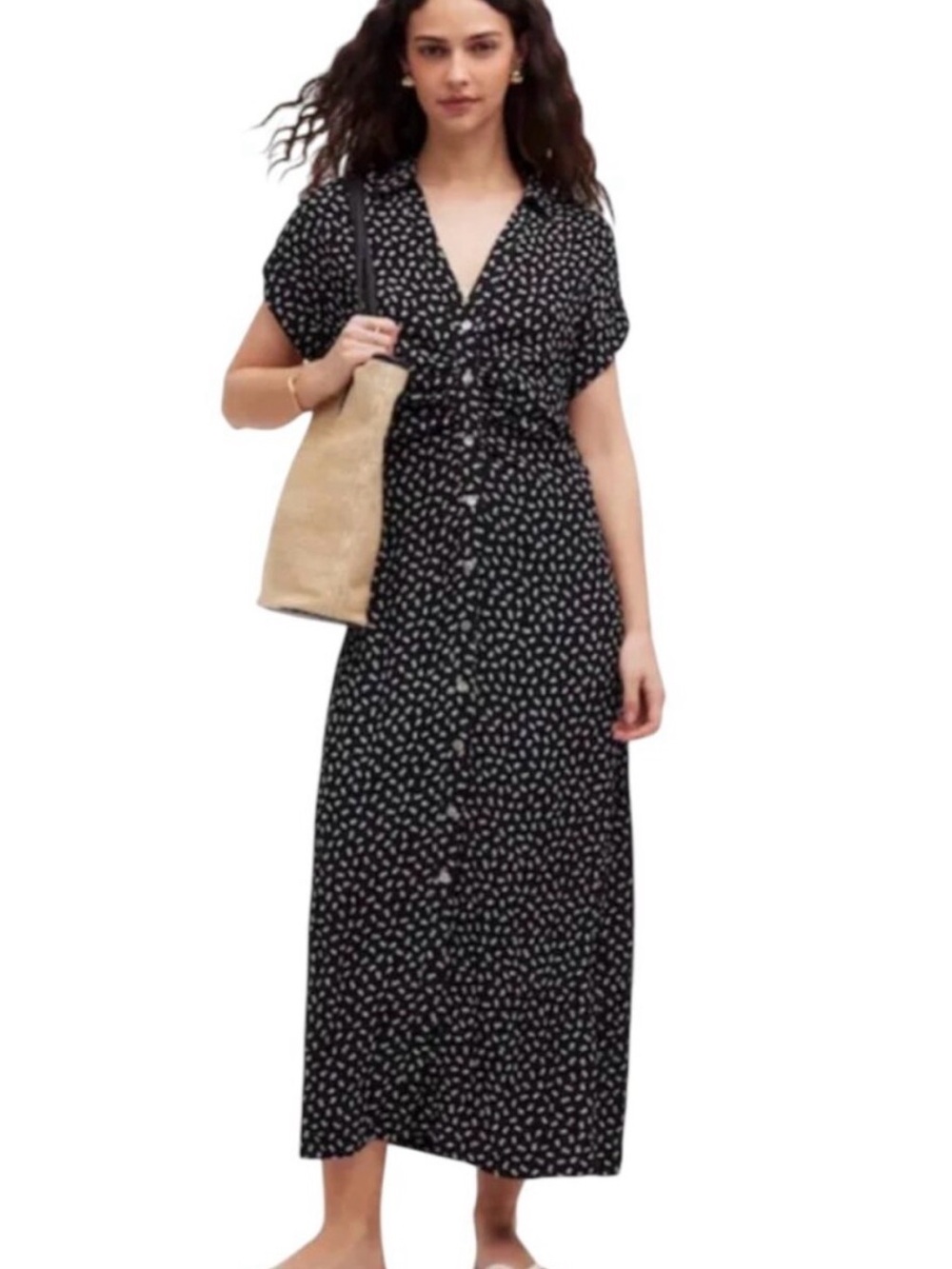 Madewell Black Foral Printed Button-Front Midi Dress